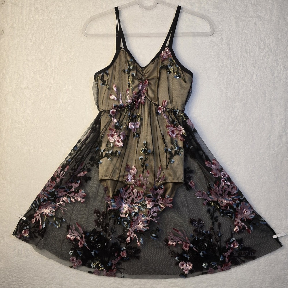 Performance Lyrical Dance Girls‎ Dress XL C Mesh Overlay Leotard Sequins Floral